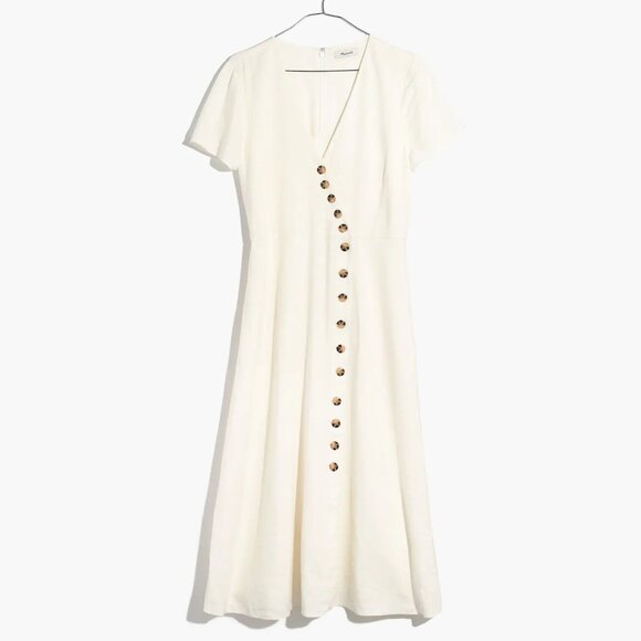 Madewell Linen-Blend Button-Wrap Midi Dress in White - Picture 1 of 5